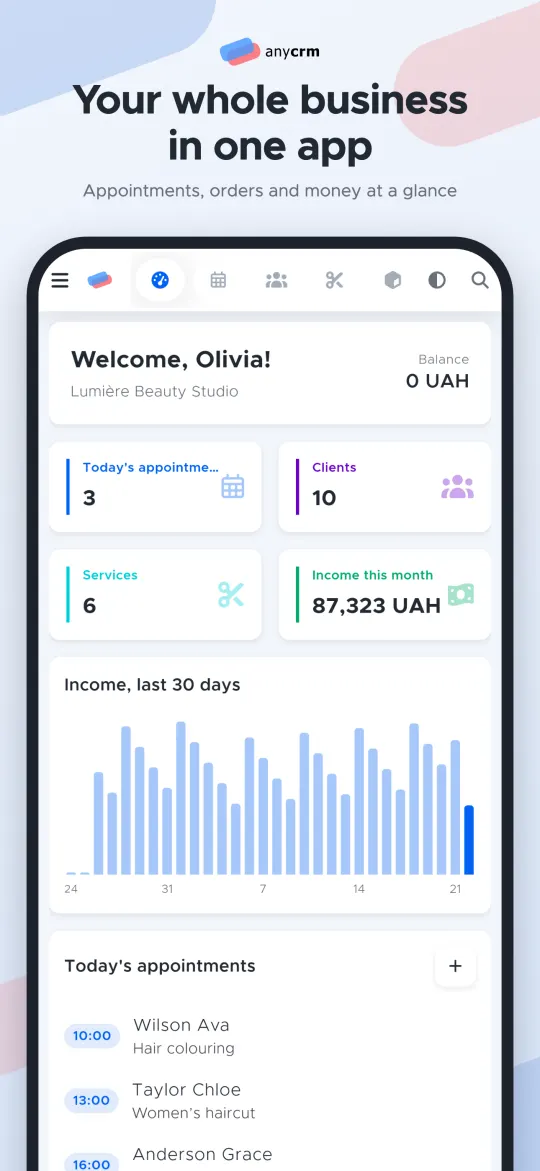 Dashboard: today’s bookings, clients and income