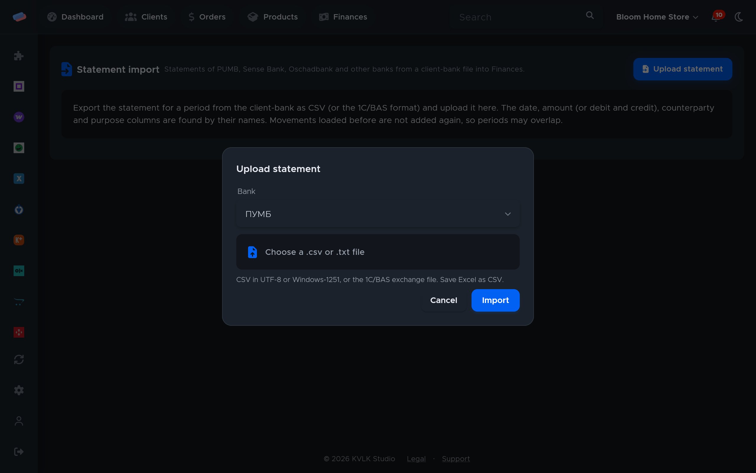 The “Statement import” connection dialog