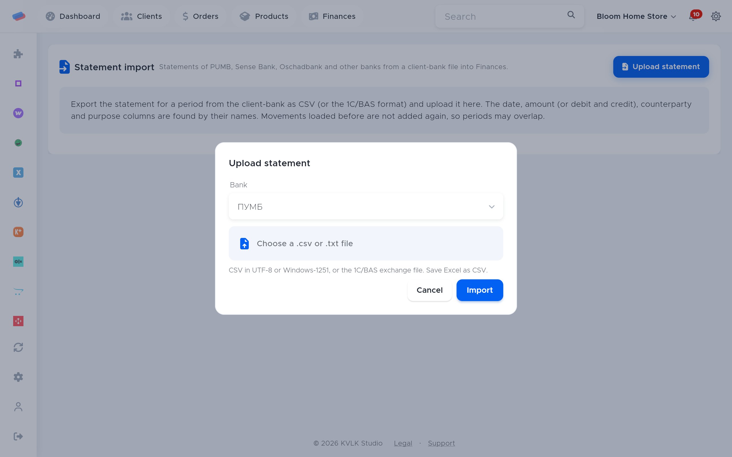 The “Statement import” connection dialog