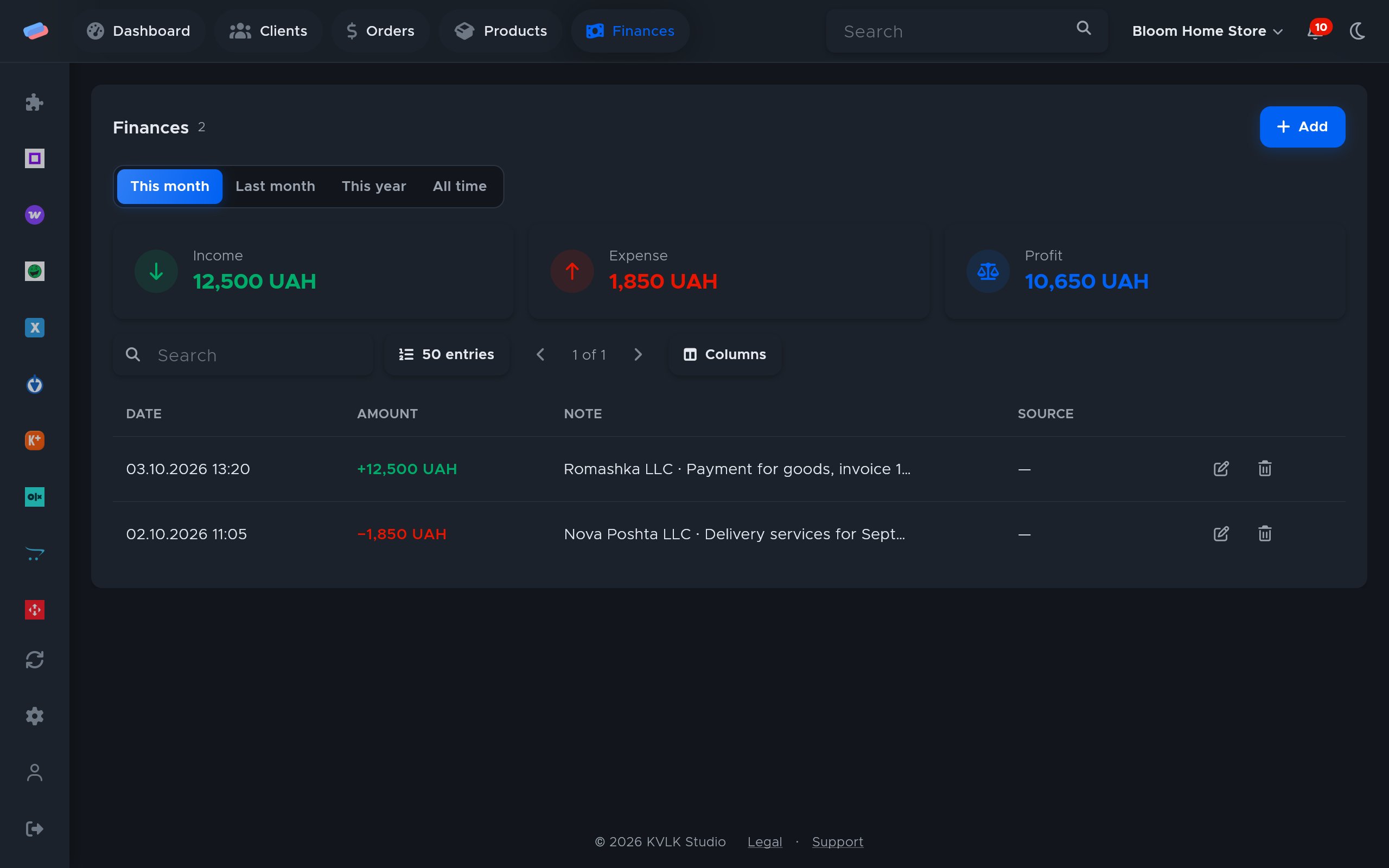 Where “Statement import” works: how it looks in anyCRM