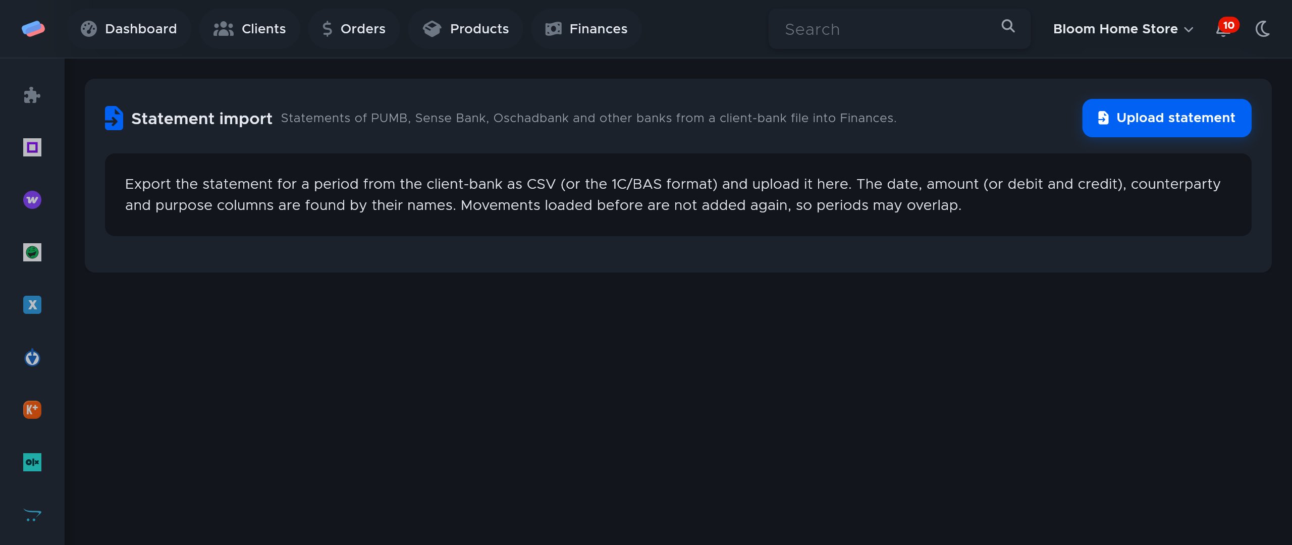 The “Statement import” module page in anyCRM