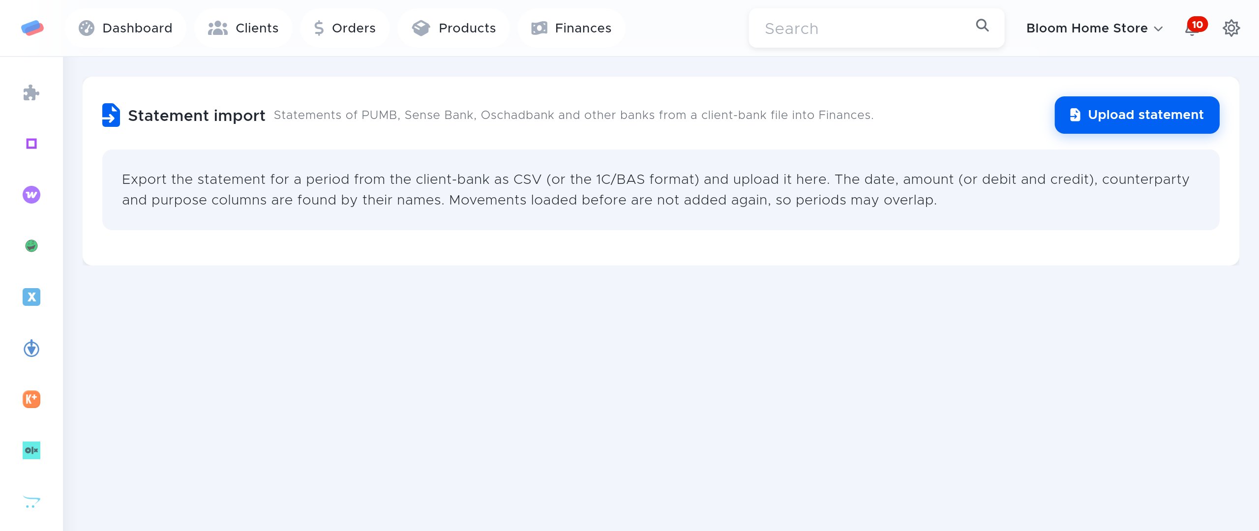 The “Statement import” module page in anyCRM