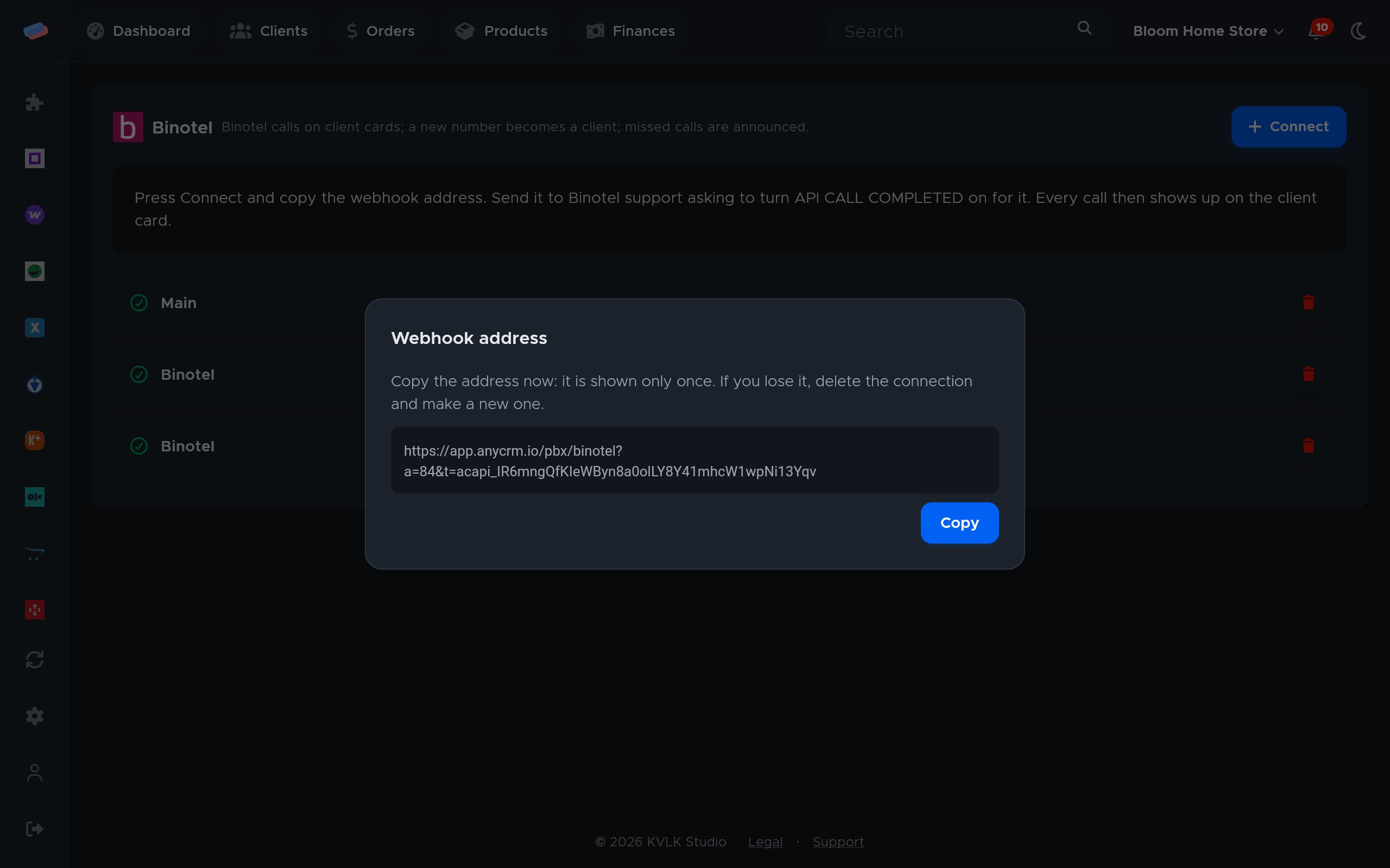 The “Binotel” connection dialog