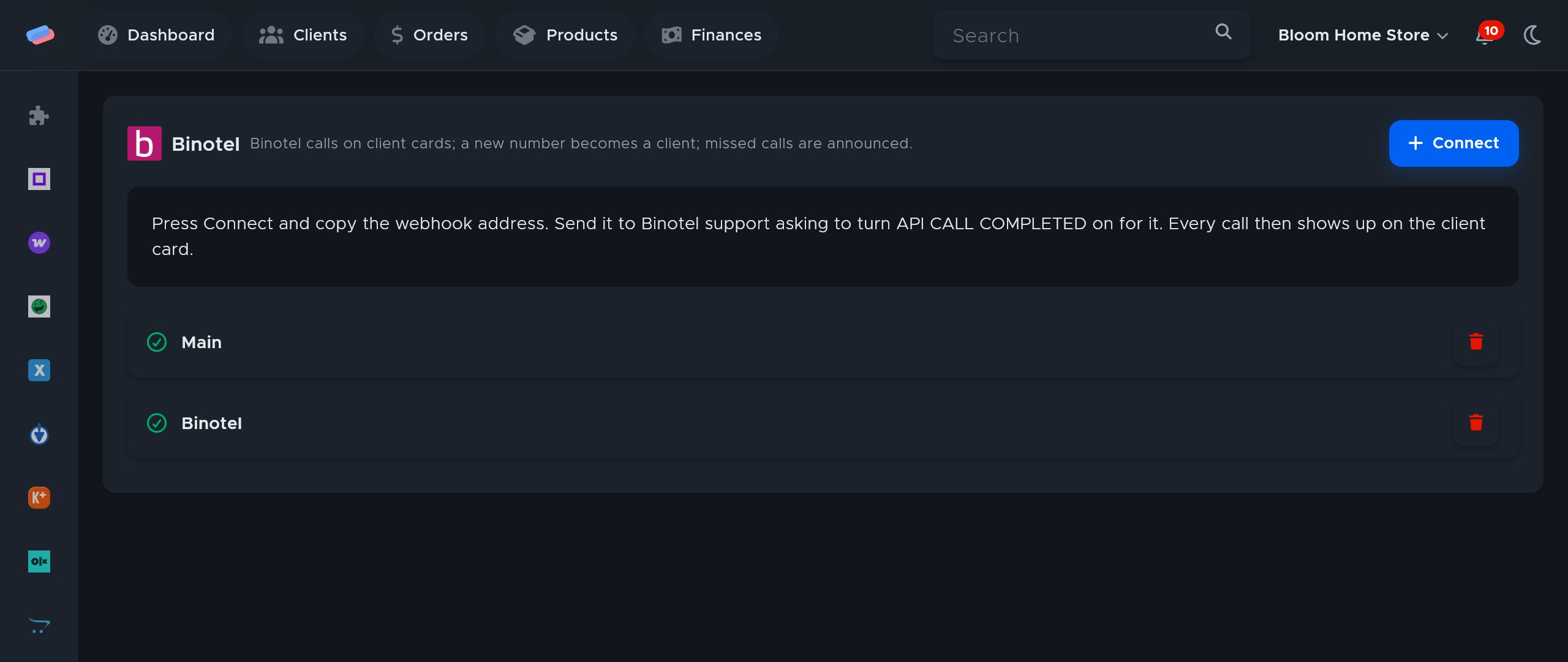 The “Binotel” module page in anyCRM