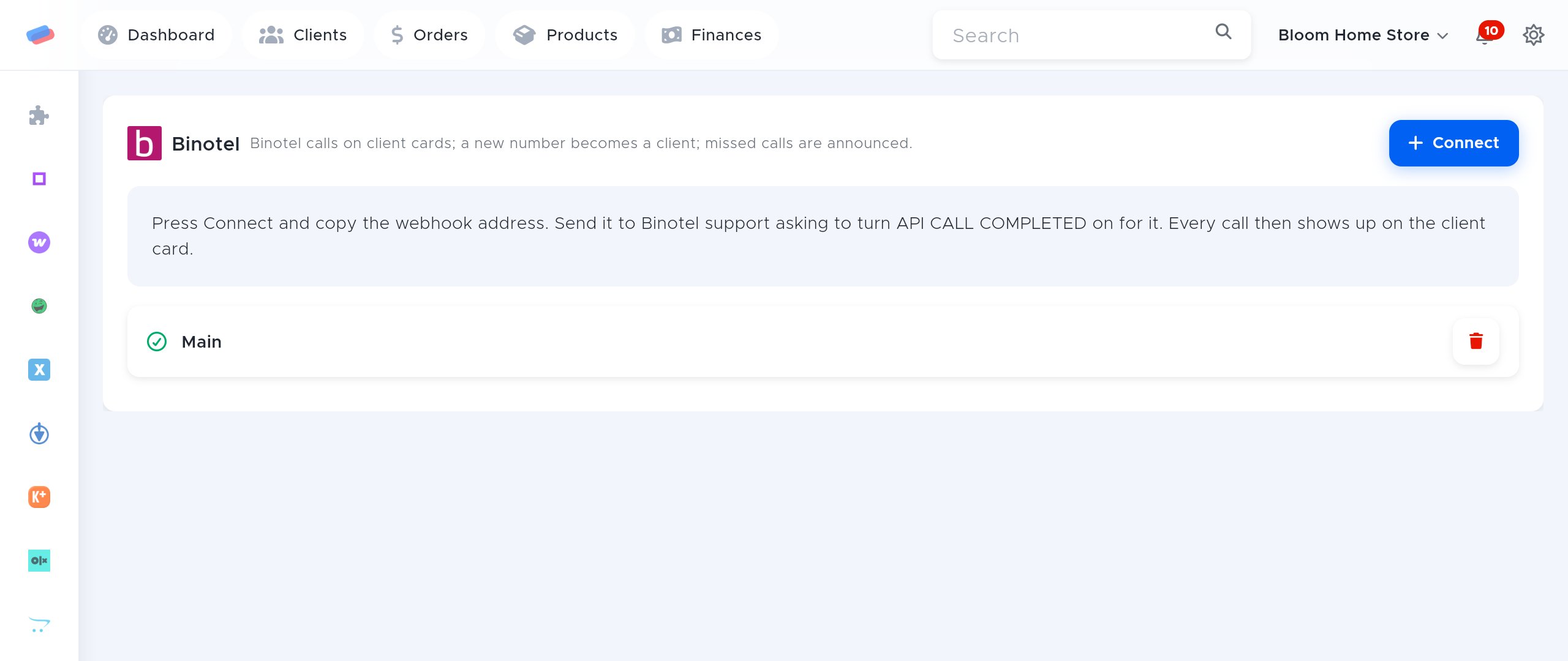 The “Binotel” module page in anyCRM