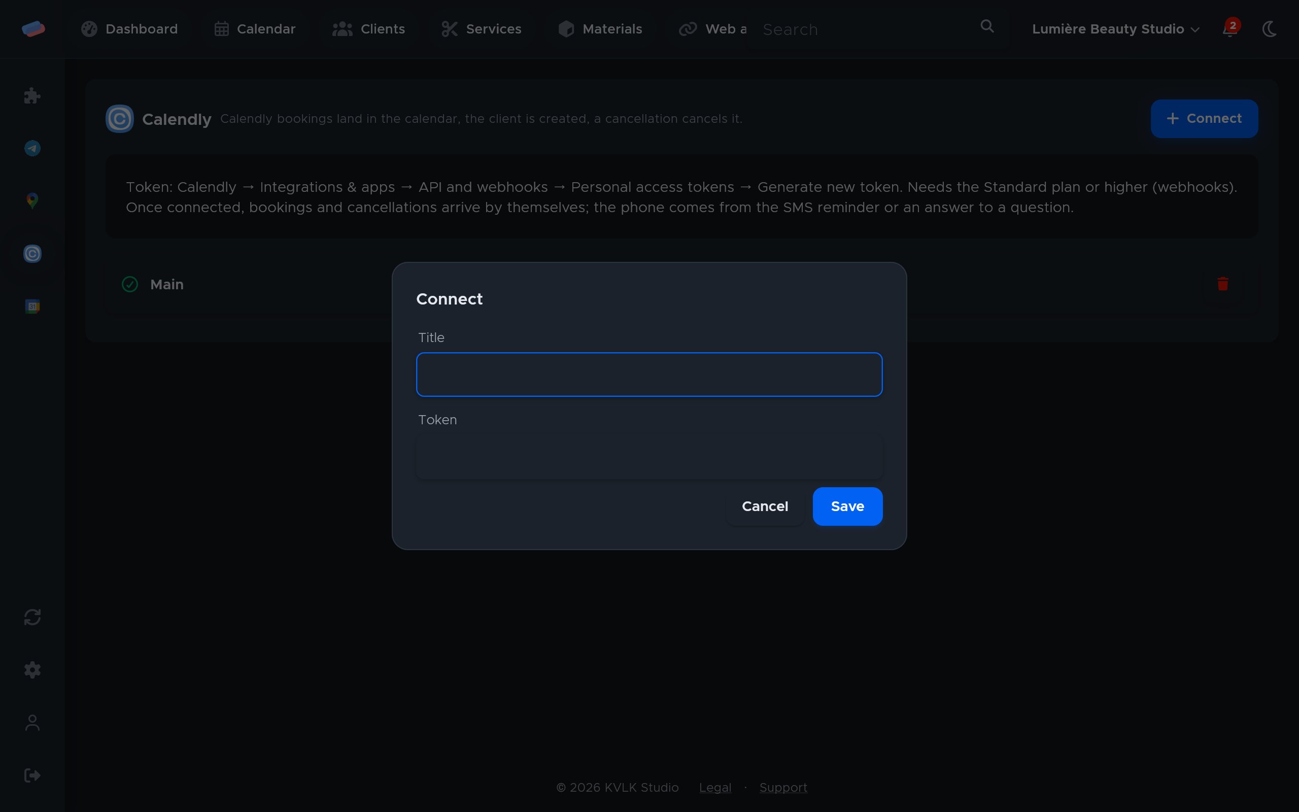 The “Calendly” connection dialog