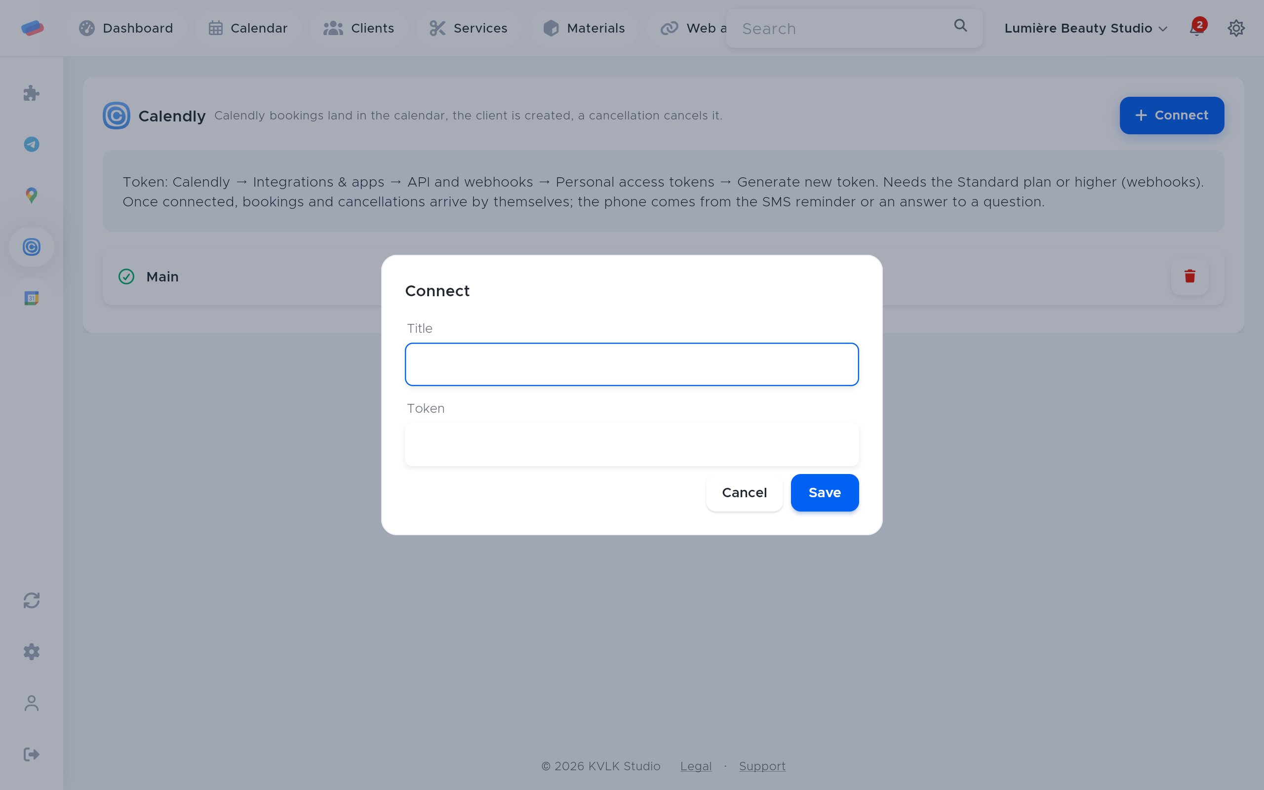 The “Calendly” connection dialog