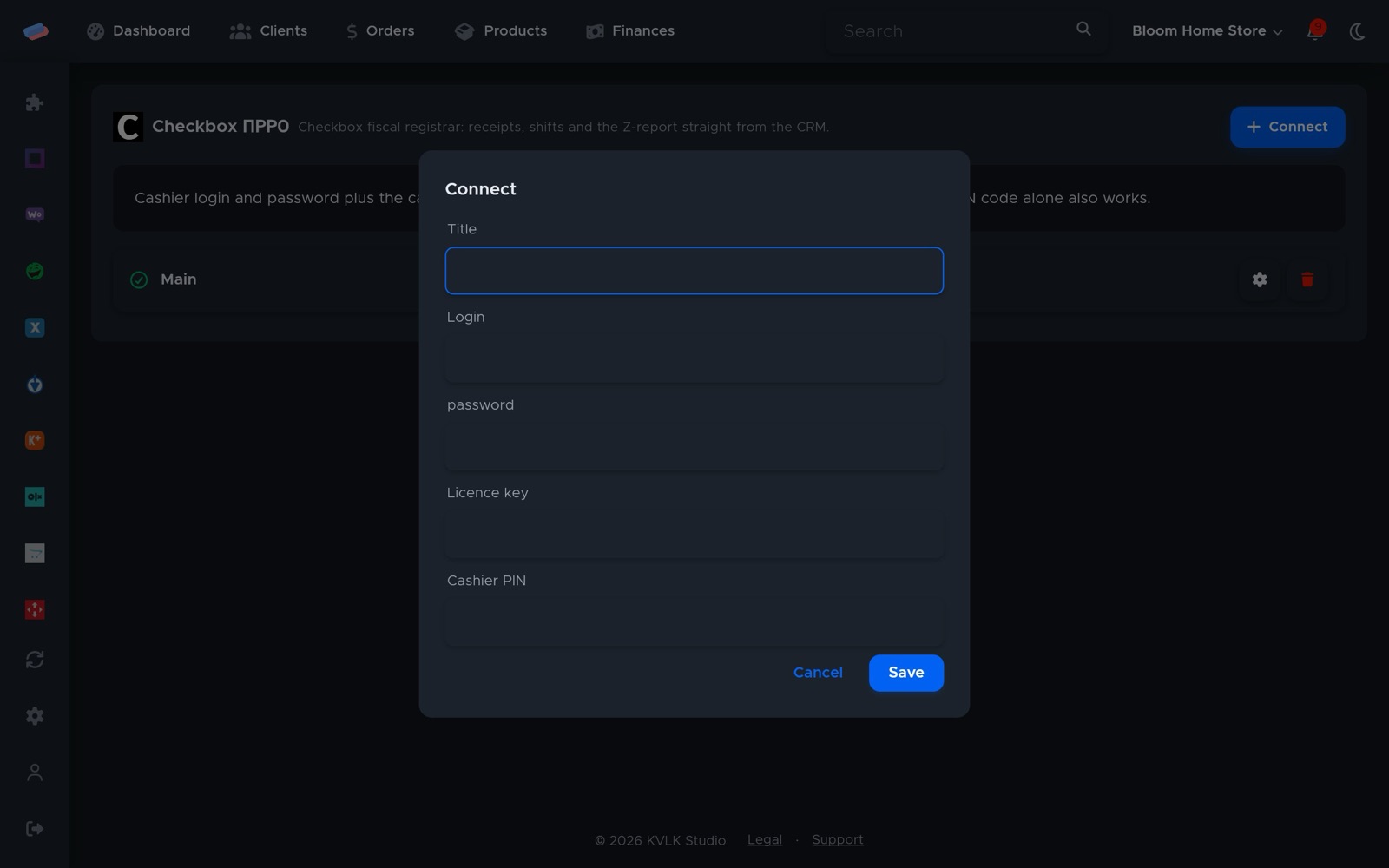 The “Checkbox (software till)” connection dialog