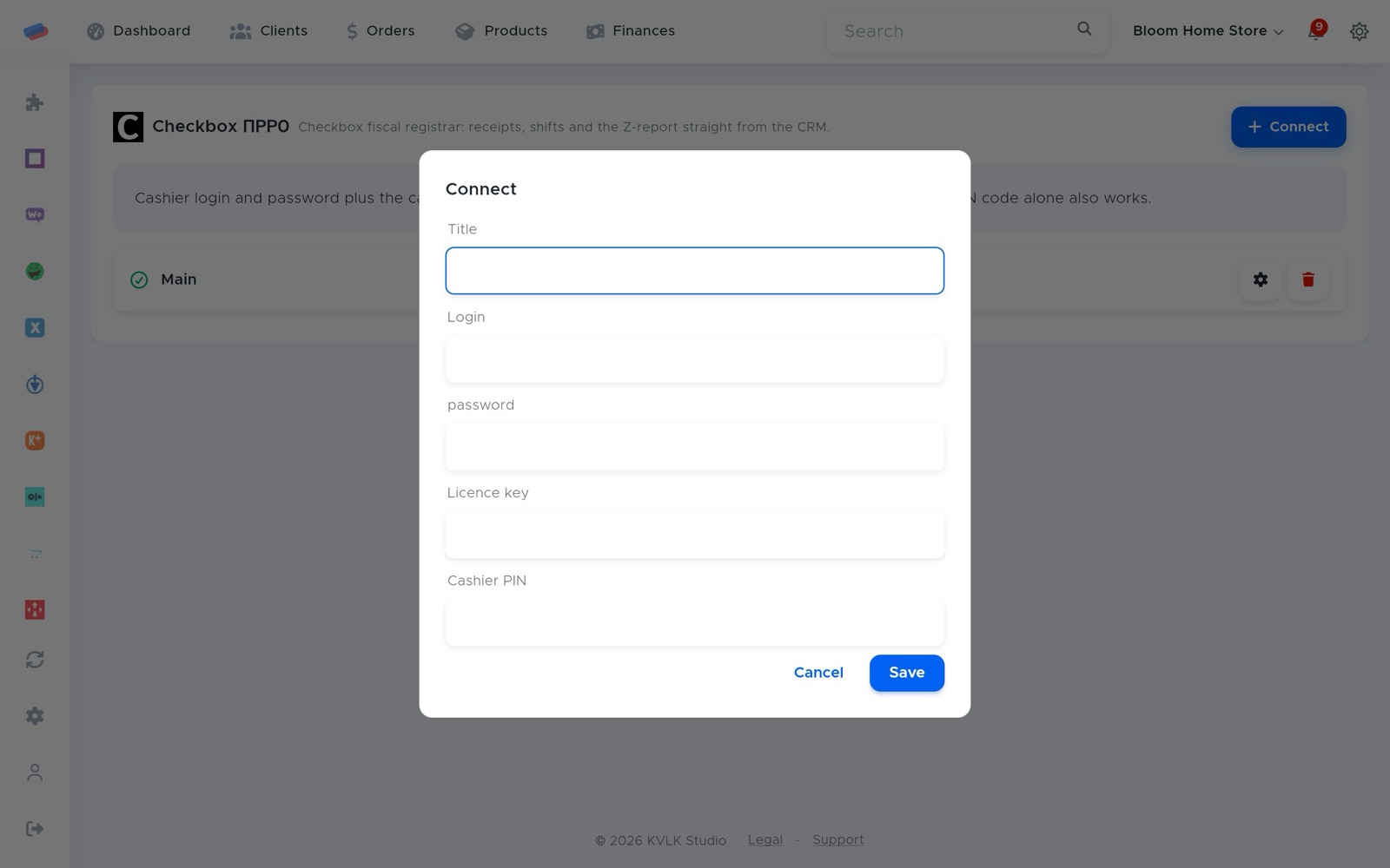 The “Checkbox (software till)” connection dialog