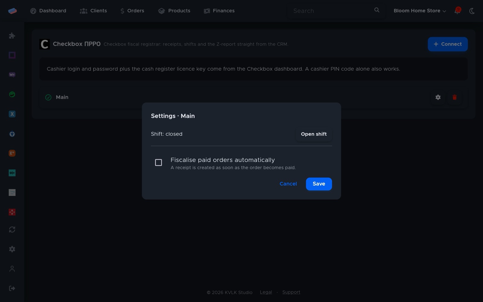 “Checkbox (software till)” settings after connecting