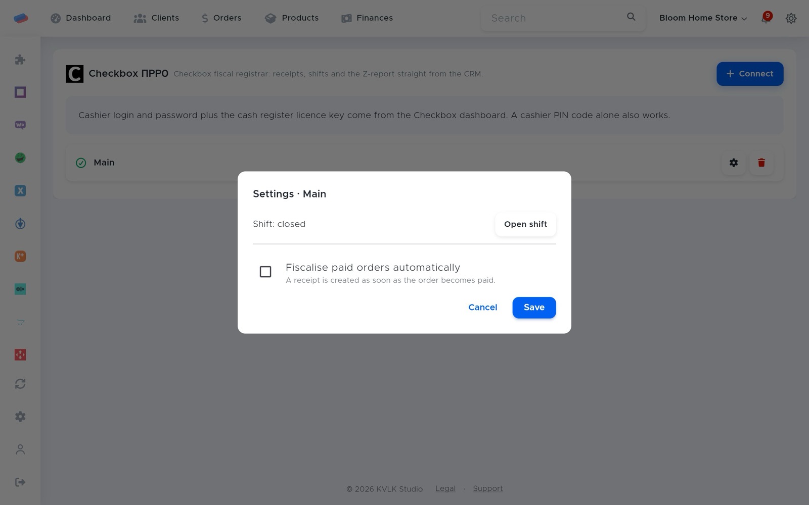 “Checkbox (software till)” settings after connecting