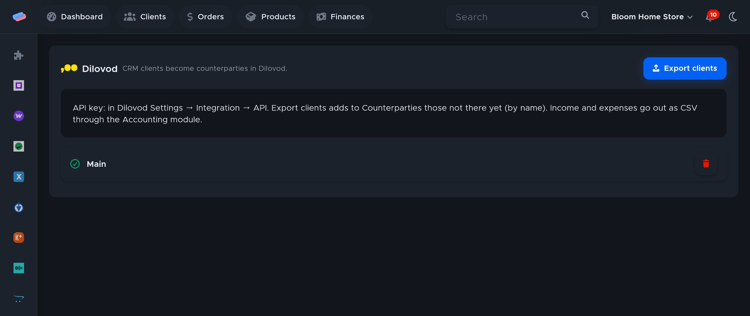 The “Dilovod” module page in anyCRM