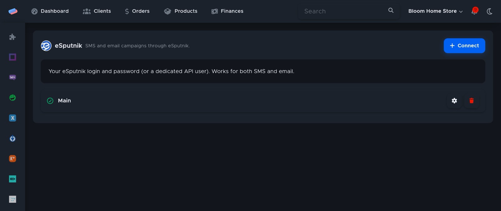 The “eSputnik” module page in anyCRM