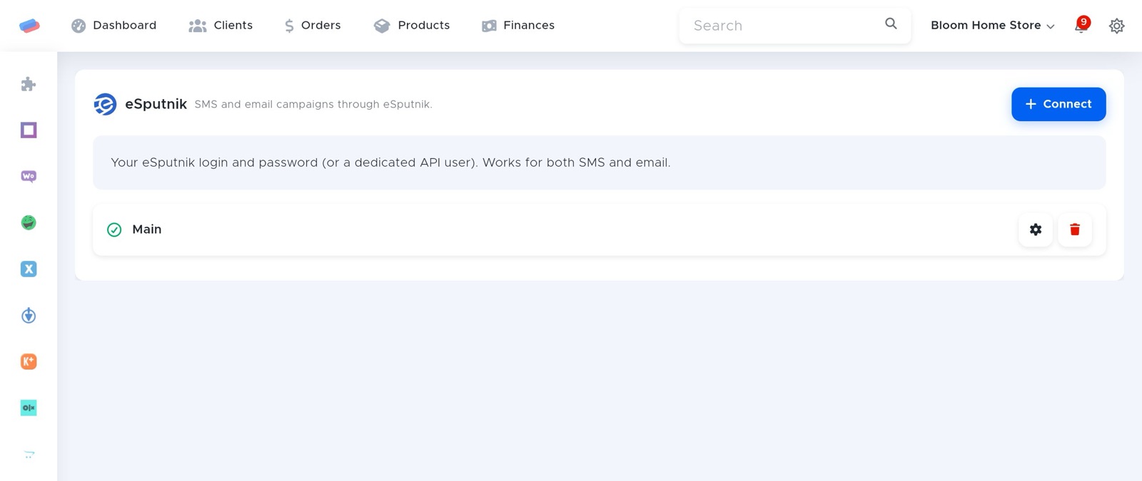 The “eSputnik” module page in anyCRM