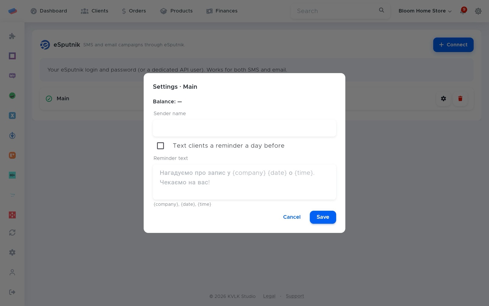 “eSputnik” settings after connecting