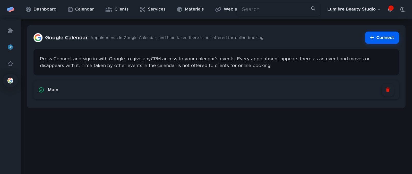 The “Google Calendar” module page in anyCRM