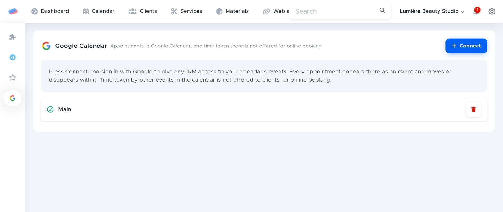 The “Google Calendar” module page in anyCRM