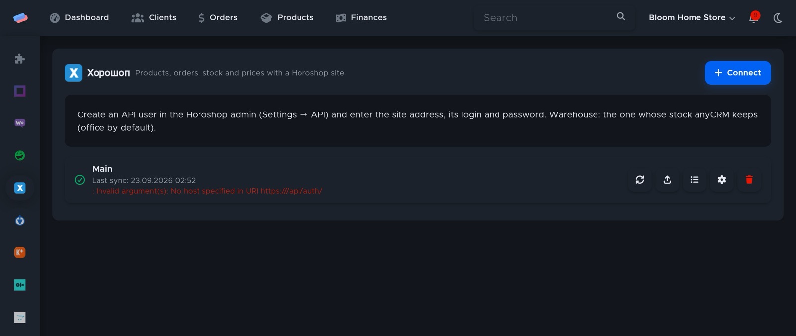 The “Horoshop” module page in anyCRM