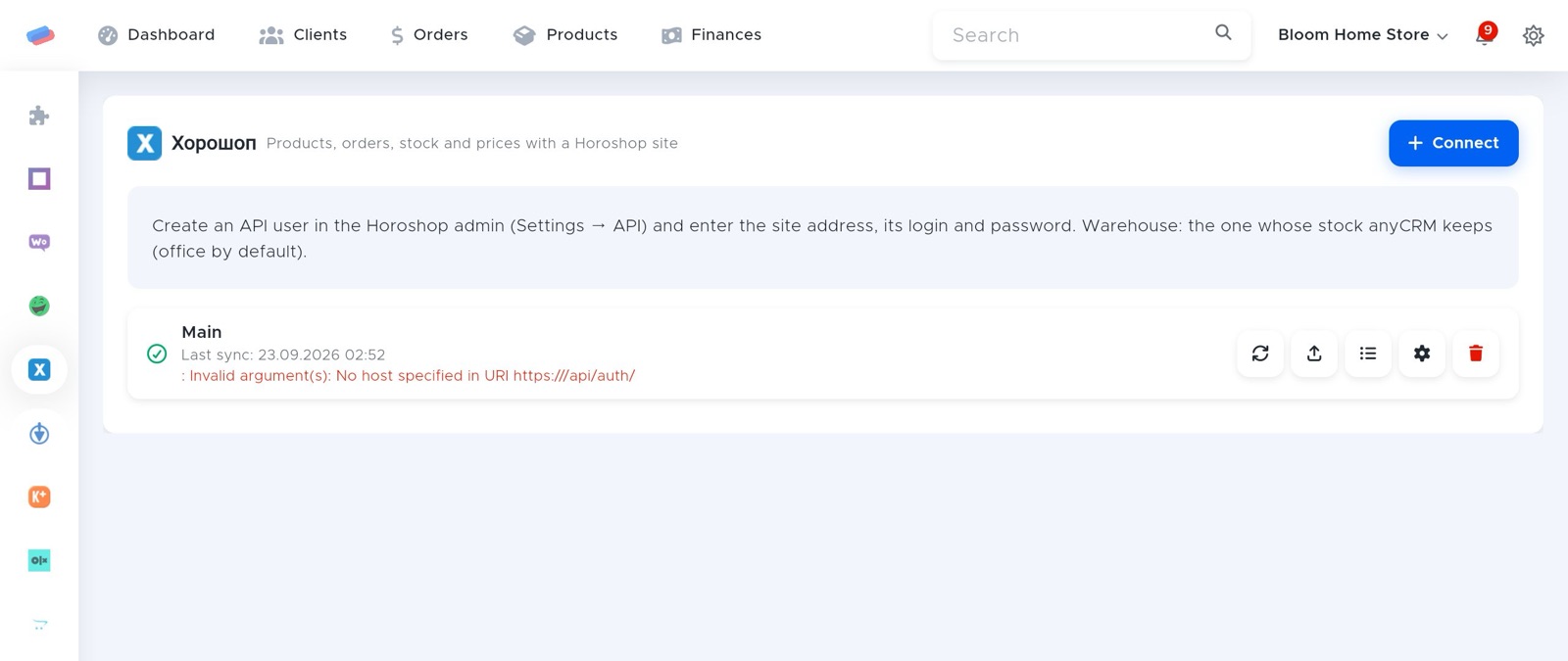 The “Horoshop” module page in anyCRM