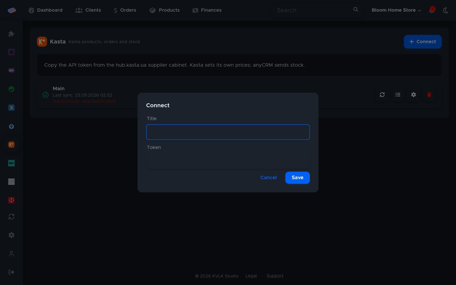 The “Kasta” connection dialog