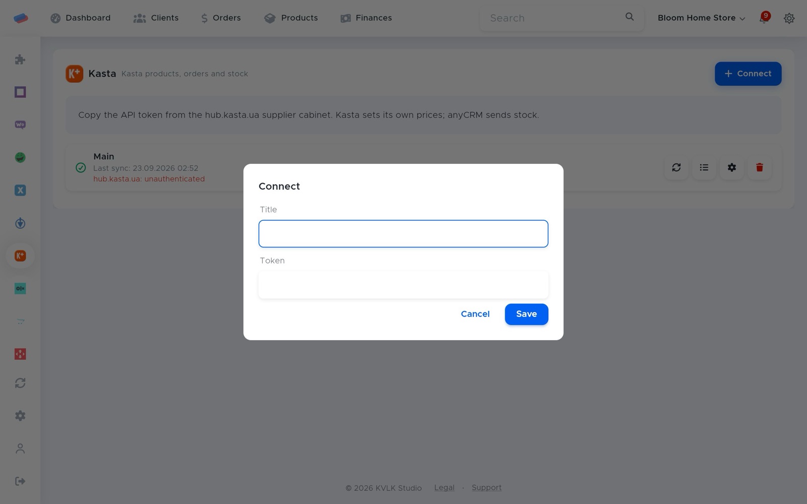 The “Kasta” connection dialog