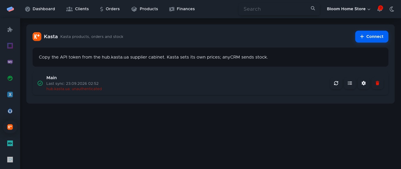 The “Kasta” module page in anyCRM