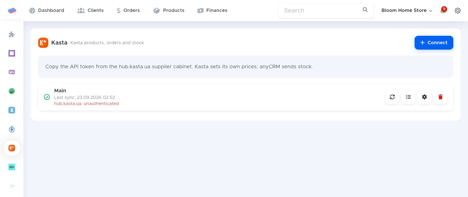 The “Kasta” module page in anyCRM