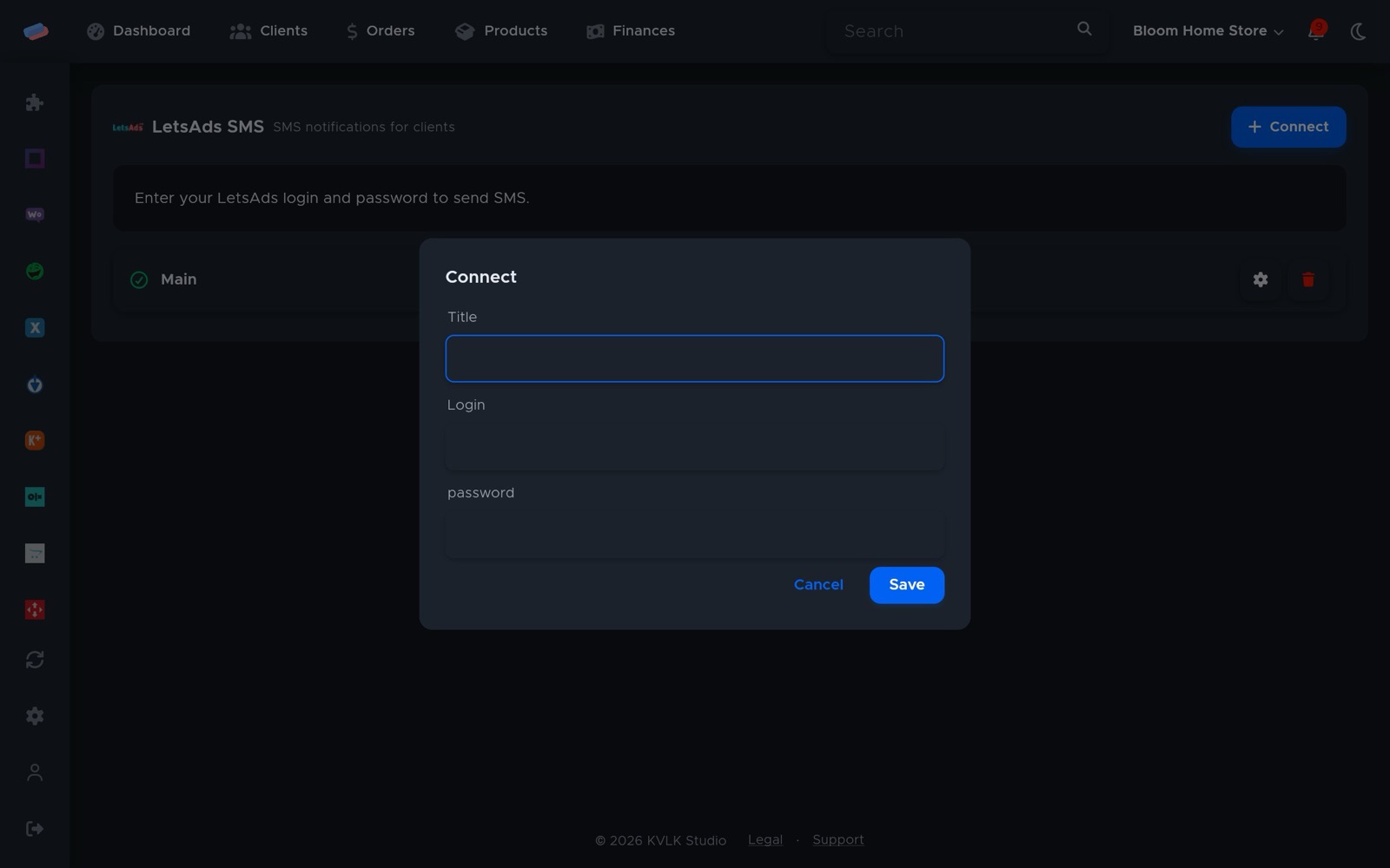 The “LetsAds SMS” connection dialog