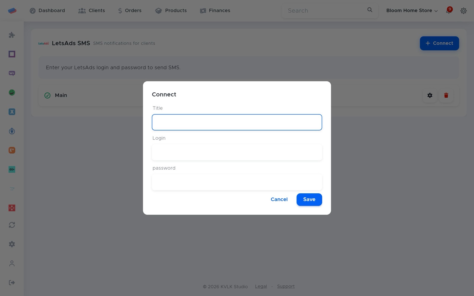 The “LetsAds SMS” connection dialog