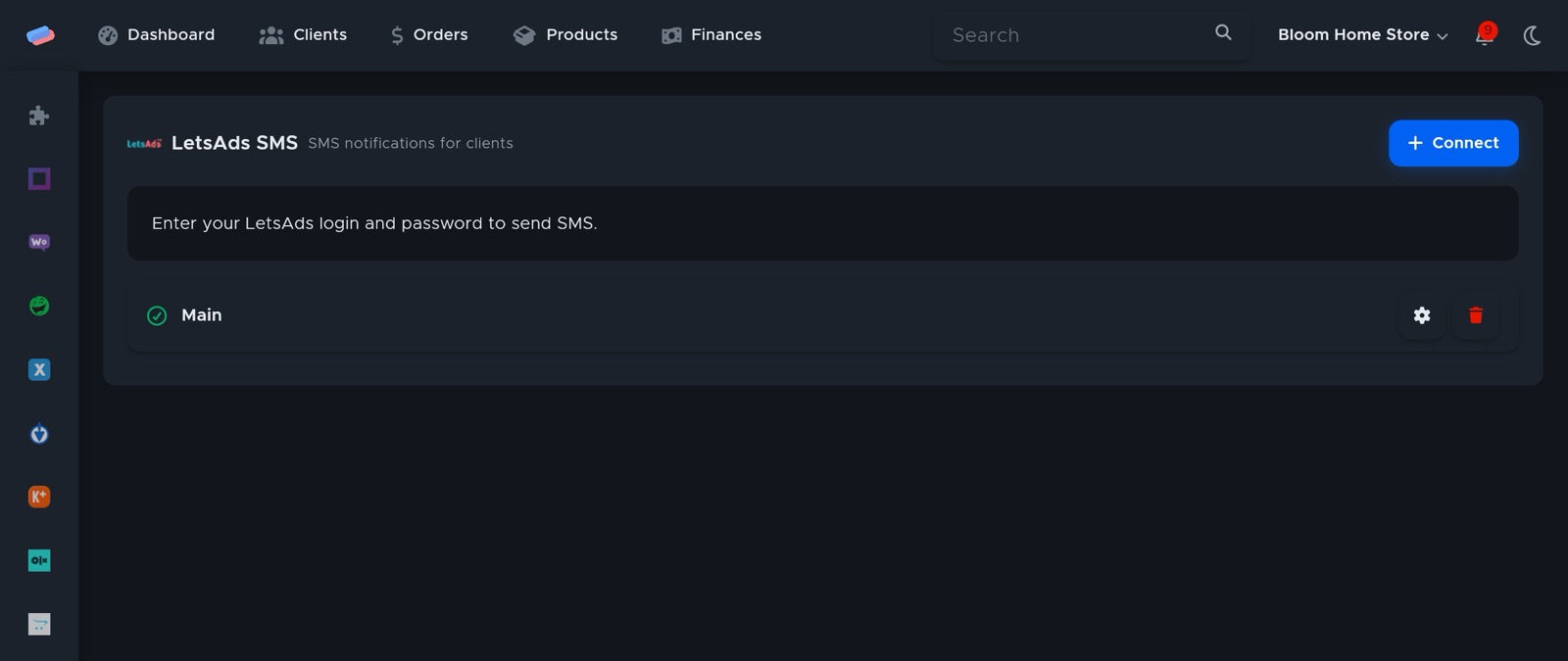 The “LetsAds SMS” module page in anyCRM