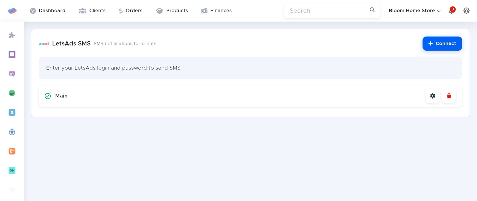 The “LetsAds SMS” module page in anyCRM