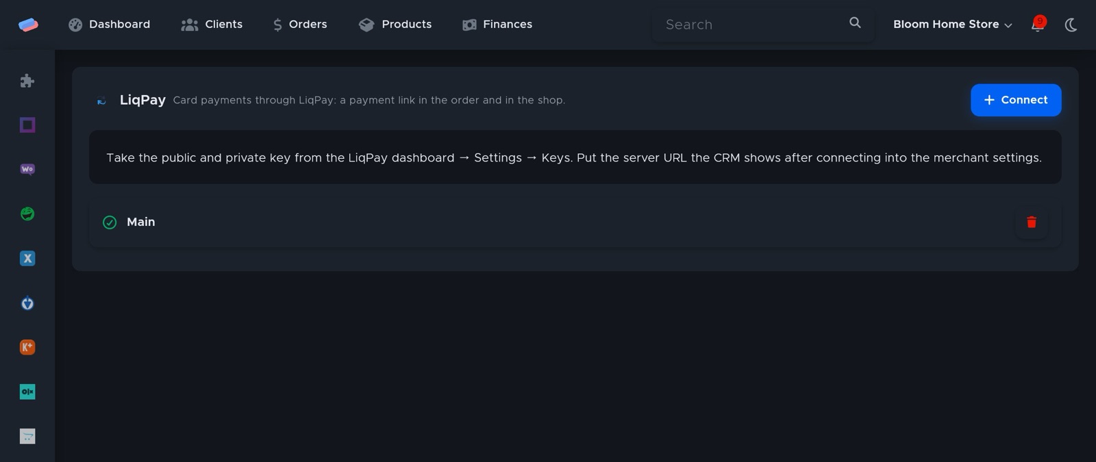 The “LiqPay” module page in anyCRM