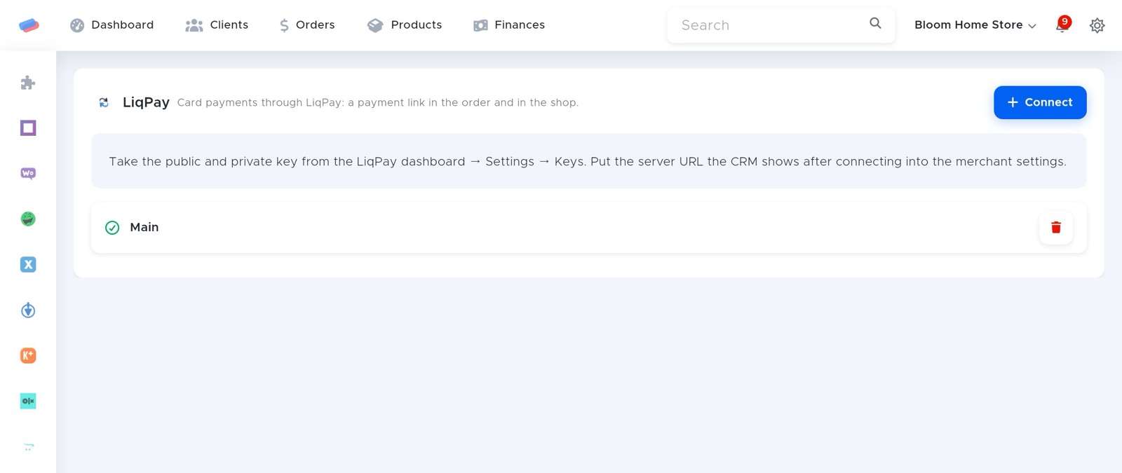 The “LiqPay” module page in anyCRM