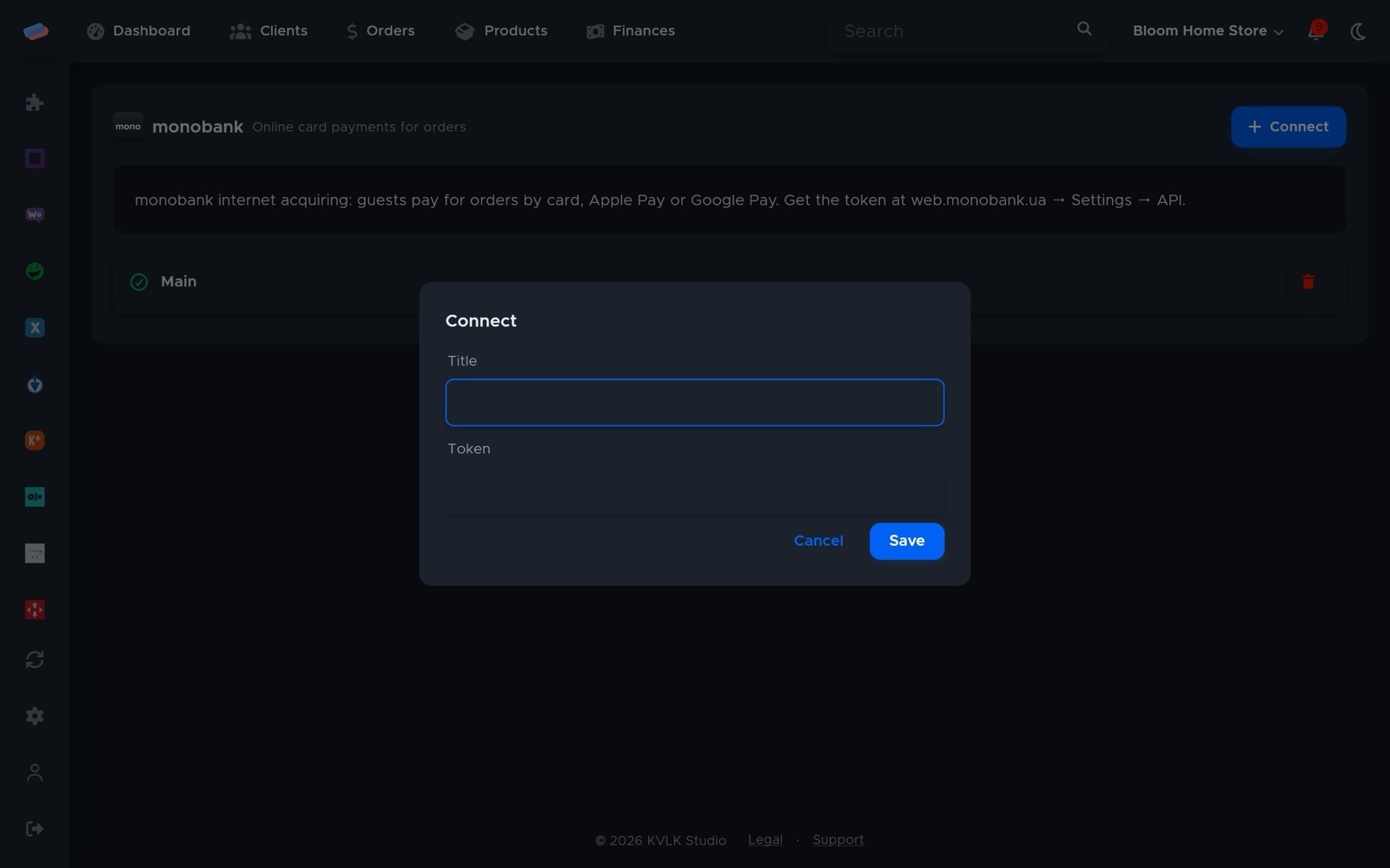 The “monobank” connection dialog