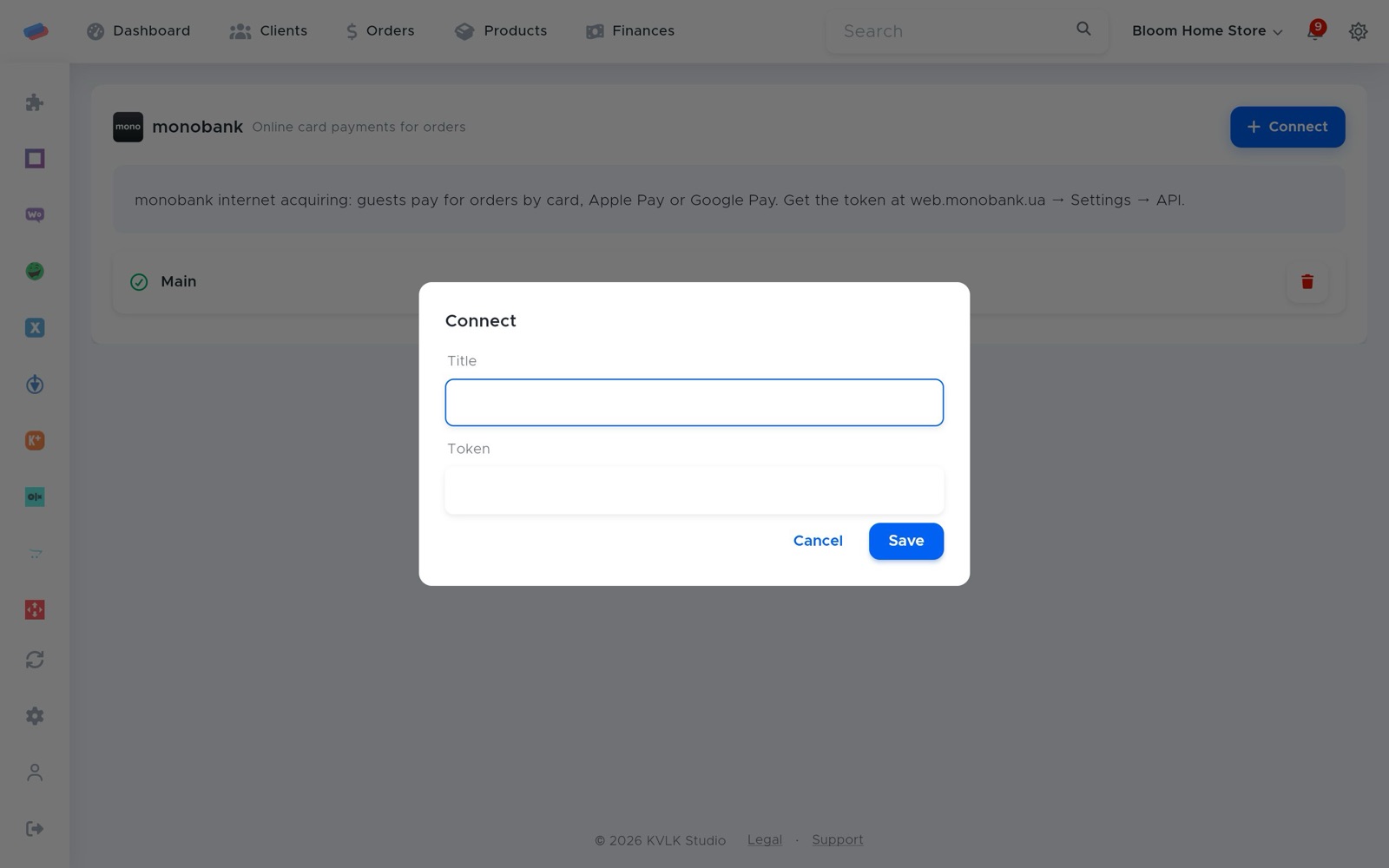 The “monobank” connection dialog