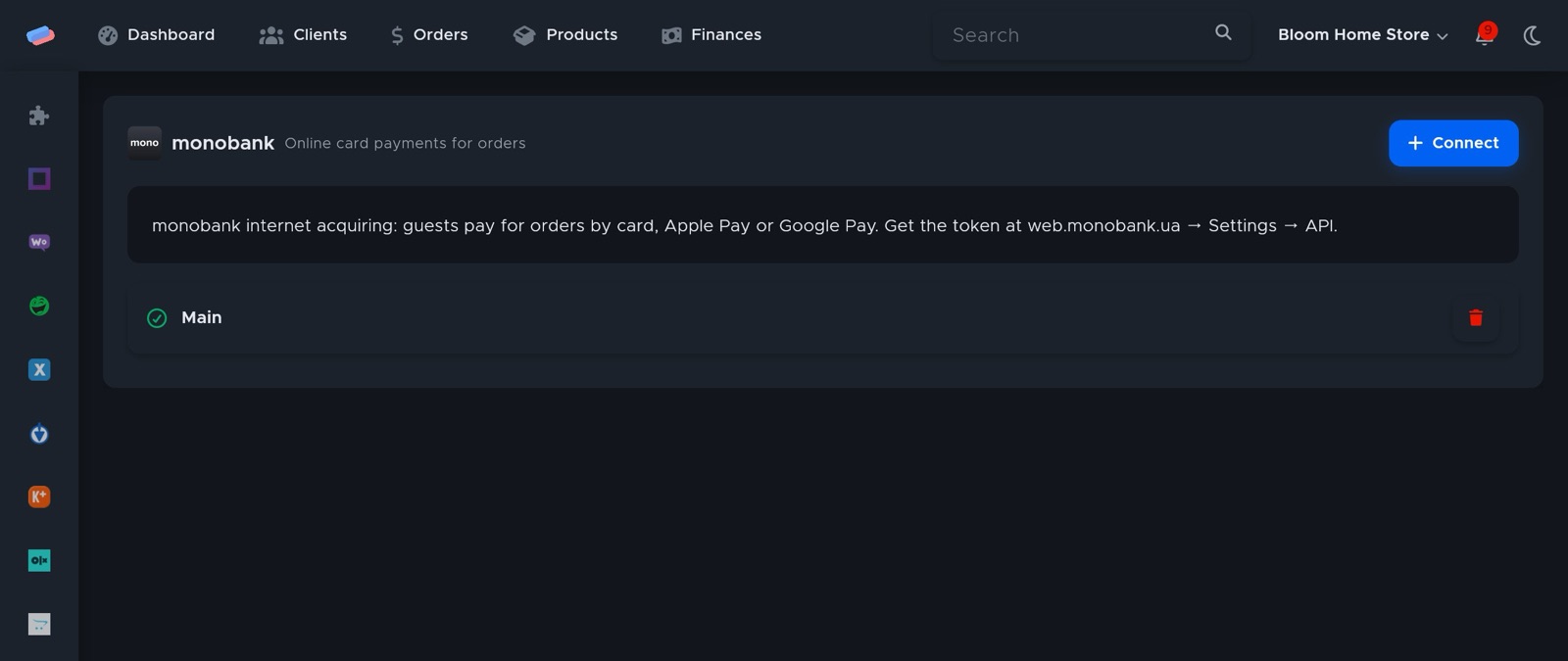 The “monobank” module page in anyCRM