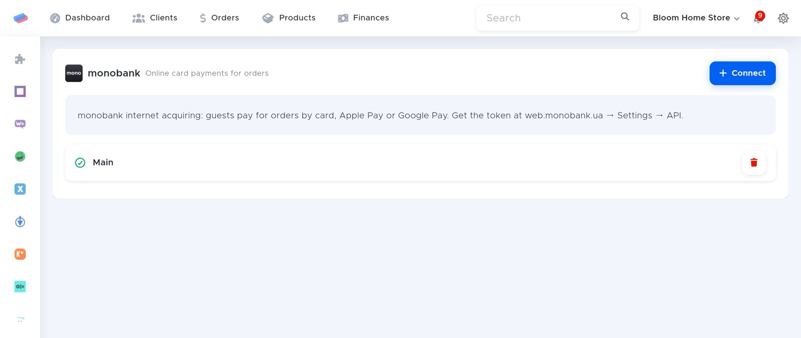 The “monobank” module page in anyCRM