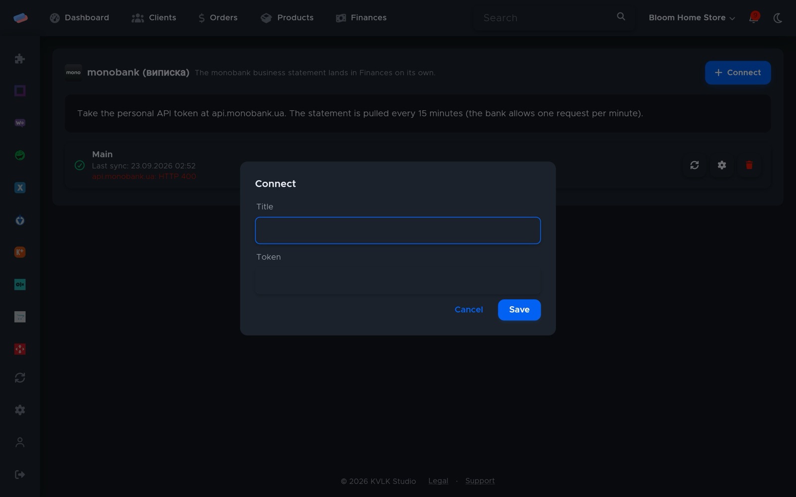 The “monobank statement” connection dialog