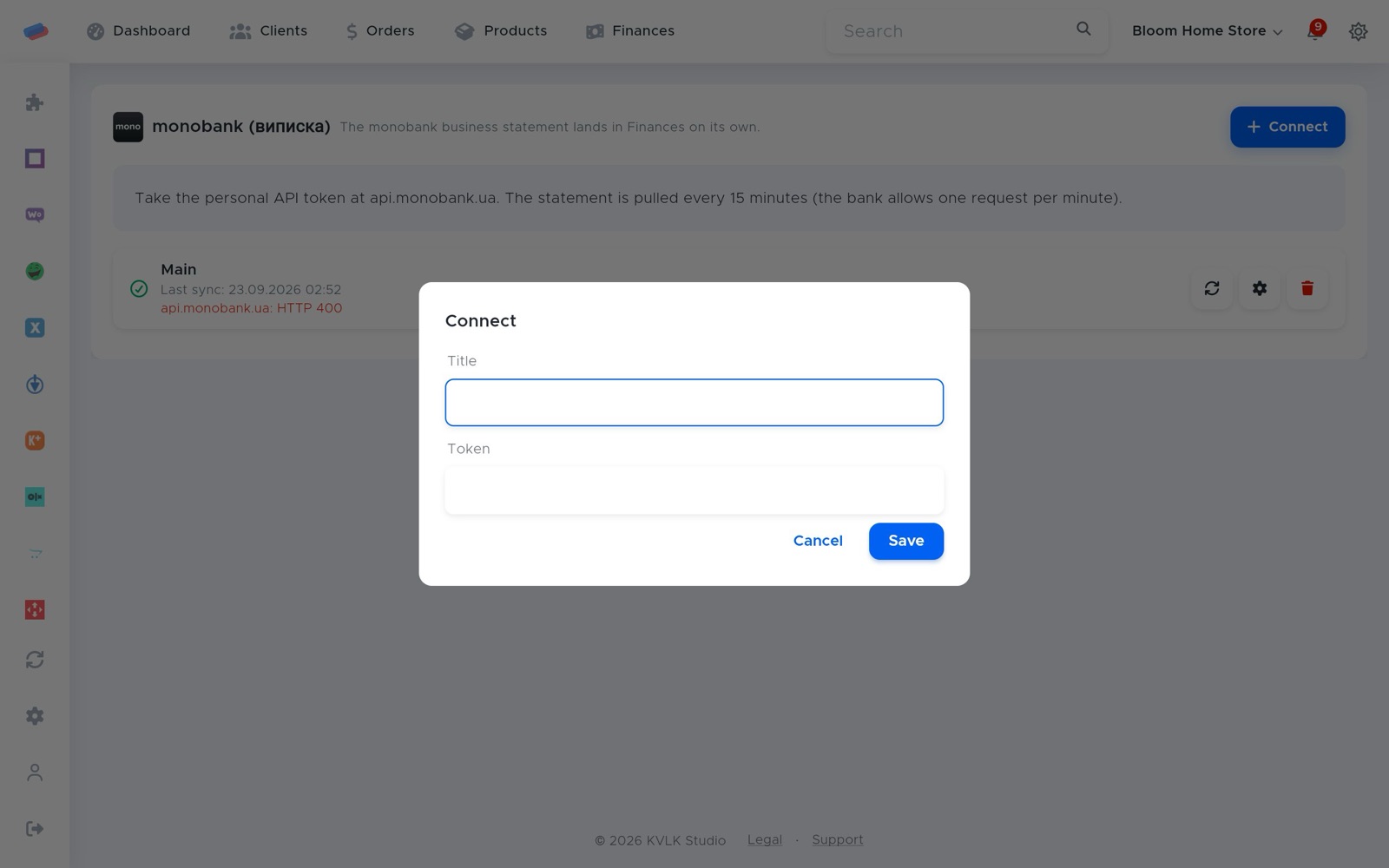 The “monobank statement” connection dialog