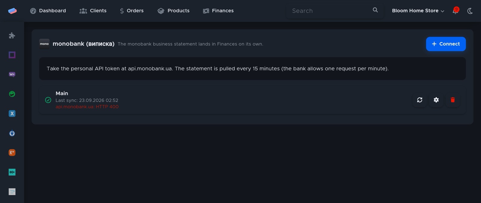 The “monobank statement” module page in anyCRM