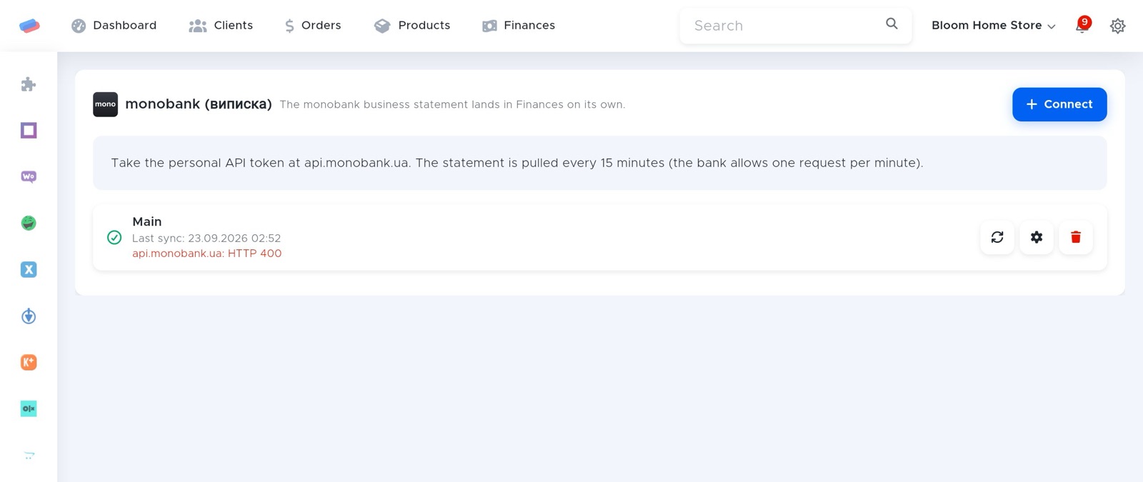 The “monobank statement” module page in anyCRM
