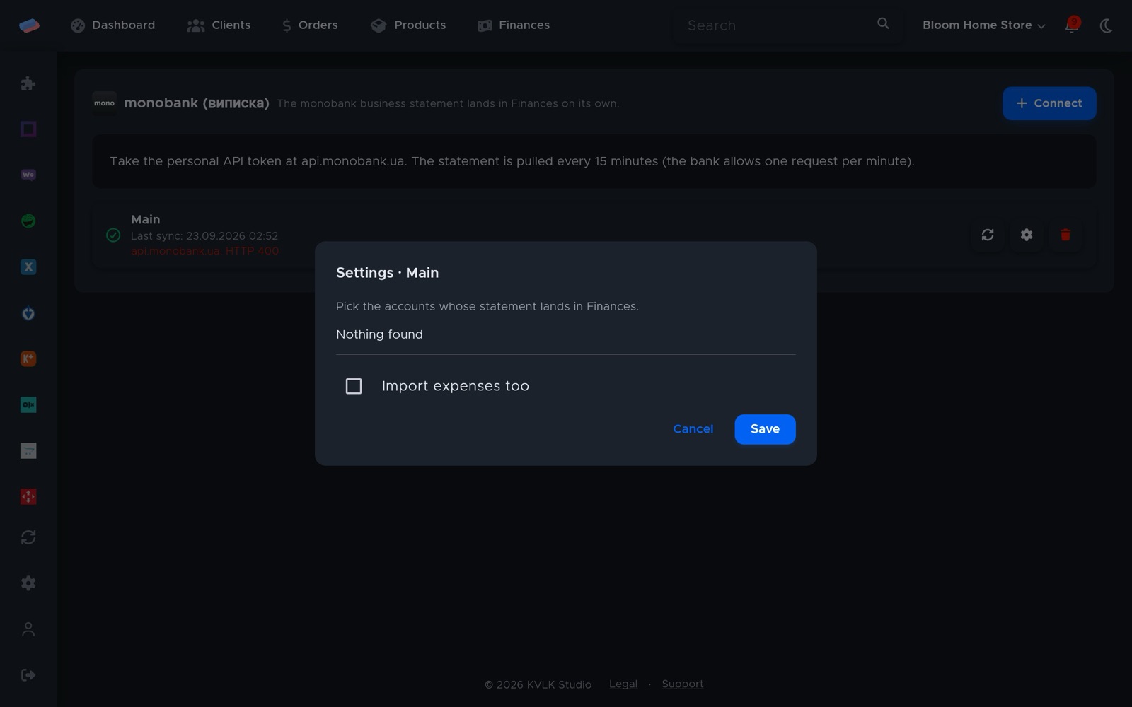 “monobank statement” settings after connecting