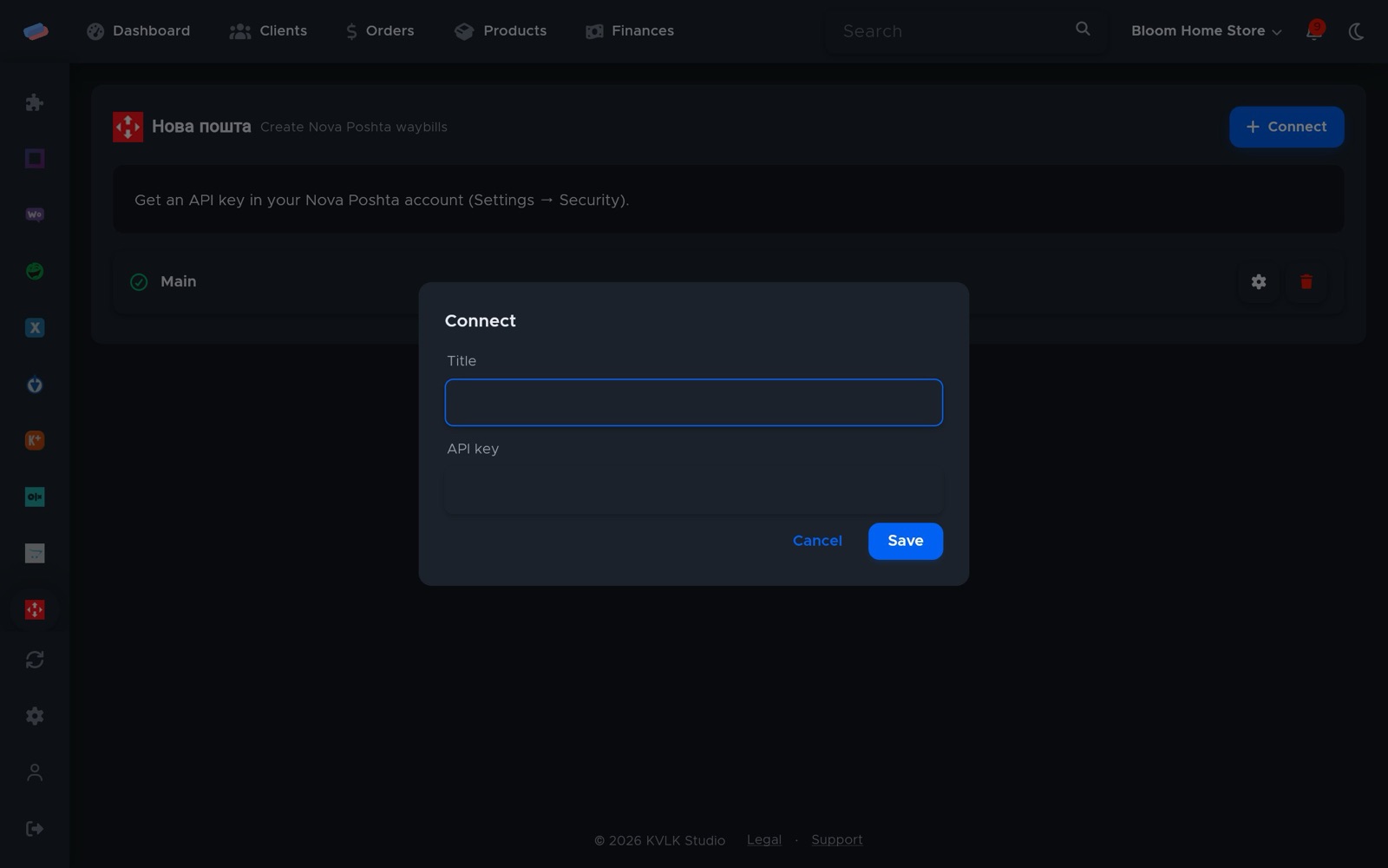 The “Nova Poshta” connection dialog