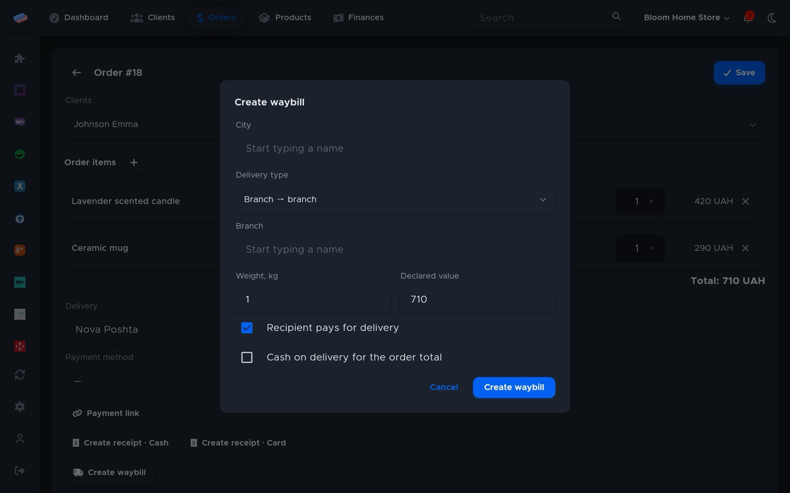 Where “Nova Poshta” works: how it looks in anyCRM