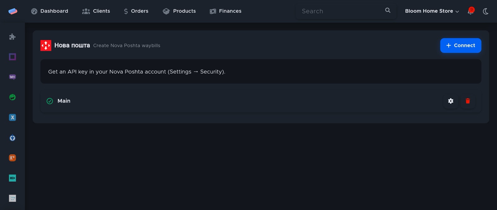The “Nova Poshta” module page in anyCRM