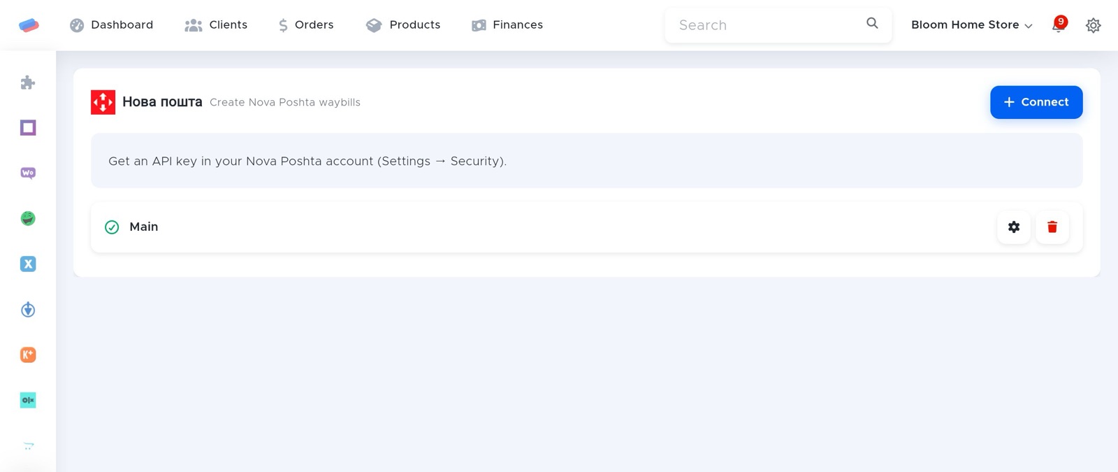 The “Nova Poshta” module page in anyCRM