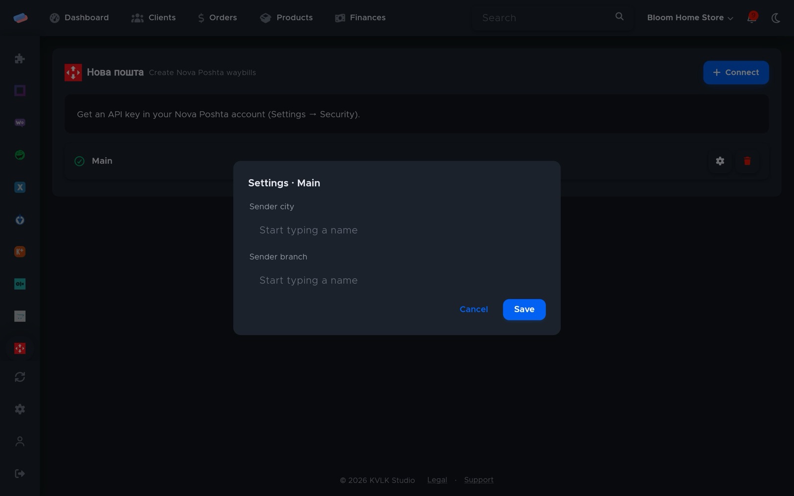 “Nova Poshta” settings after connecting