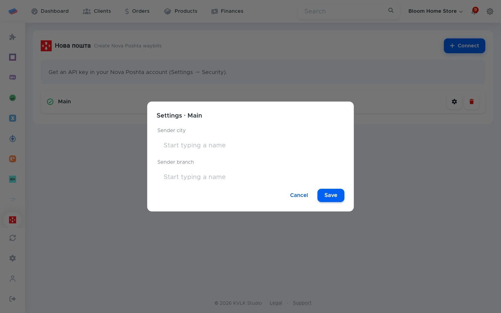 “Nova Poshta” settings after connecting
