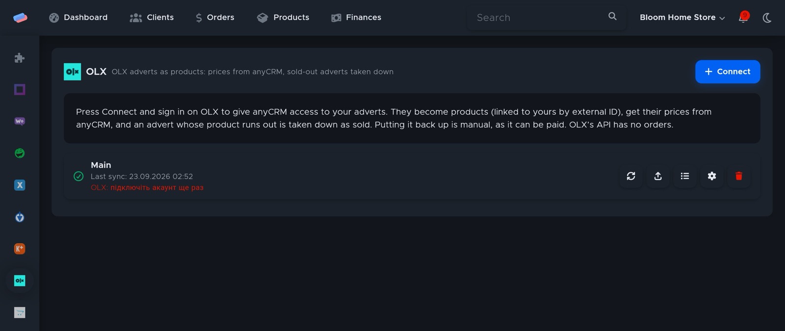 The “OLX” module page in anyCRM