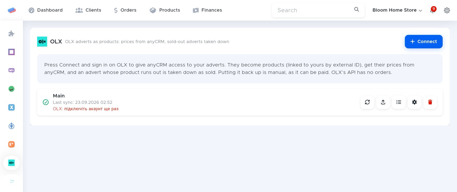 The “OLX” module page in anyCRM